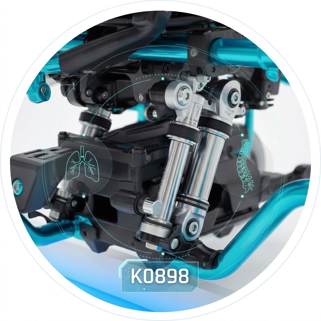 Detailed close-up of high-tech wheelchair tilt actuators with clinical overlays (lungs and spine)