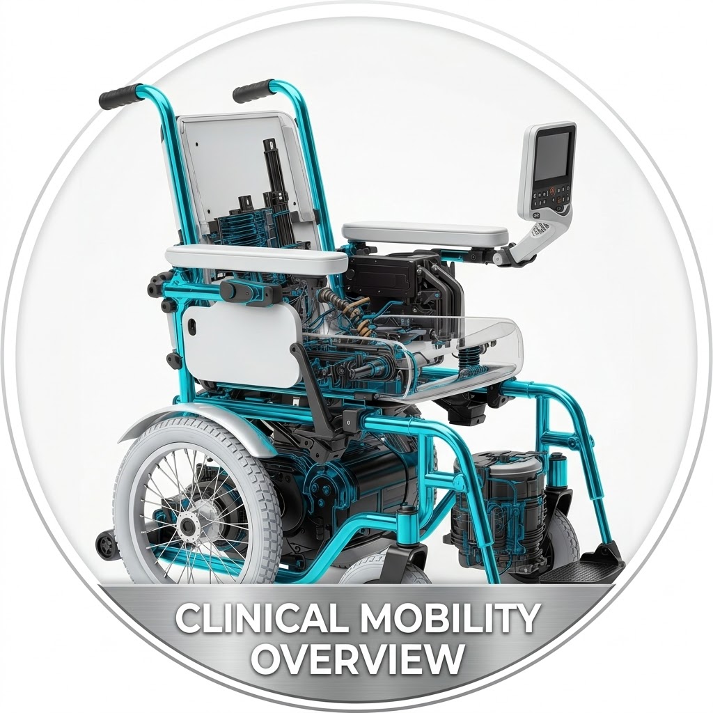 High-tech medical power wheelchair icon with clinical text