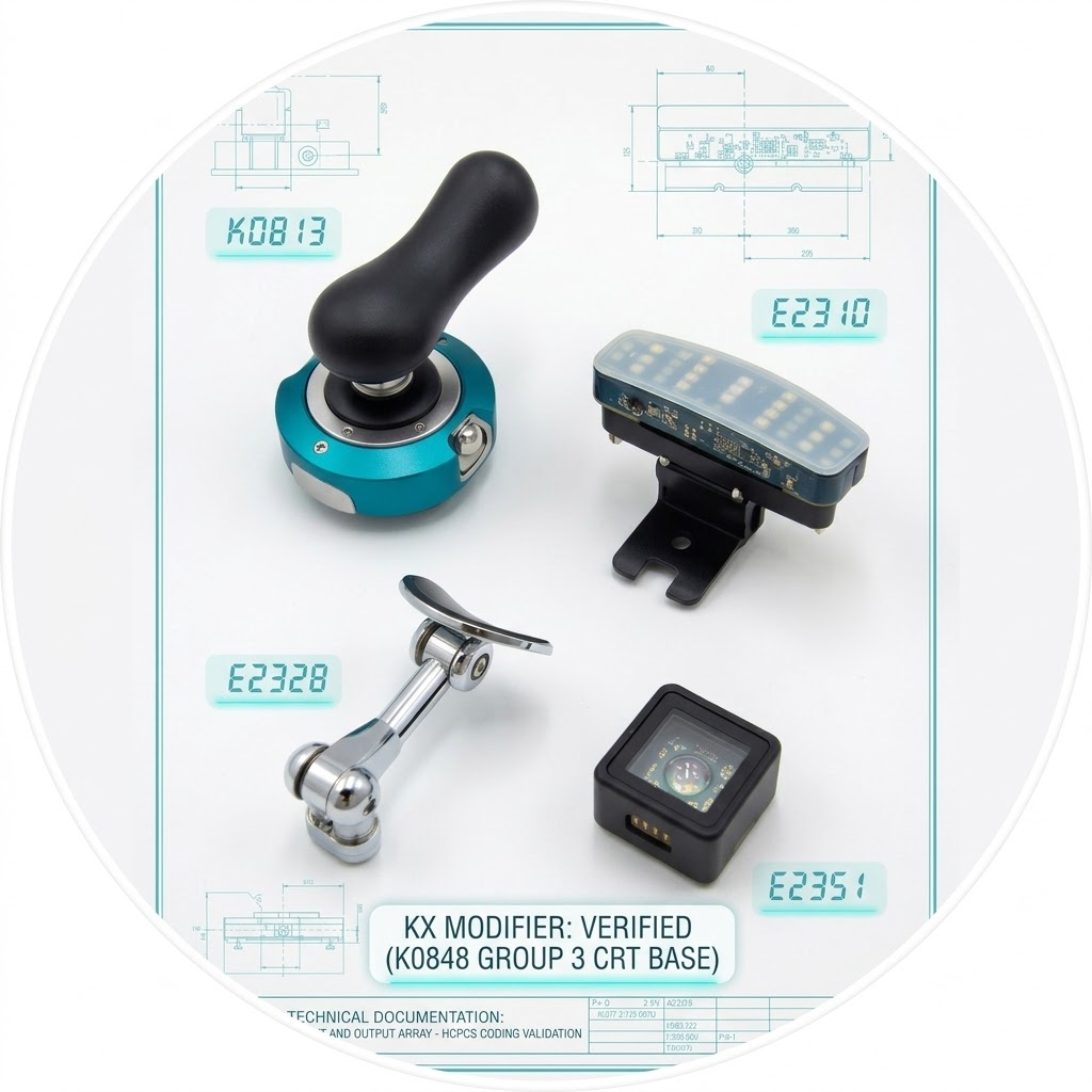 Detailed close-up of photorealistic complex adaptive components, each with its corresponding HCPCS code label (K0813, E2310, E2328, E2351)