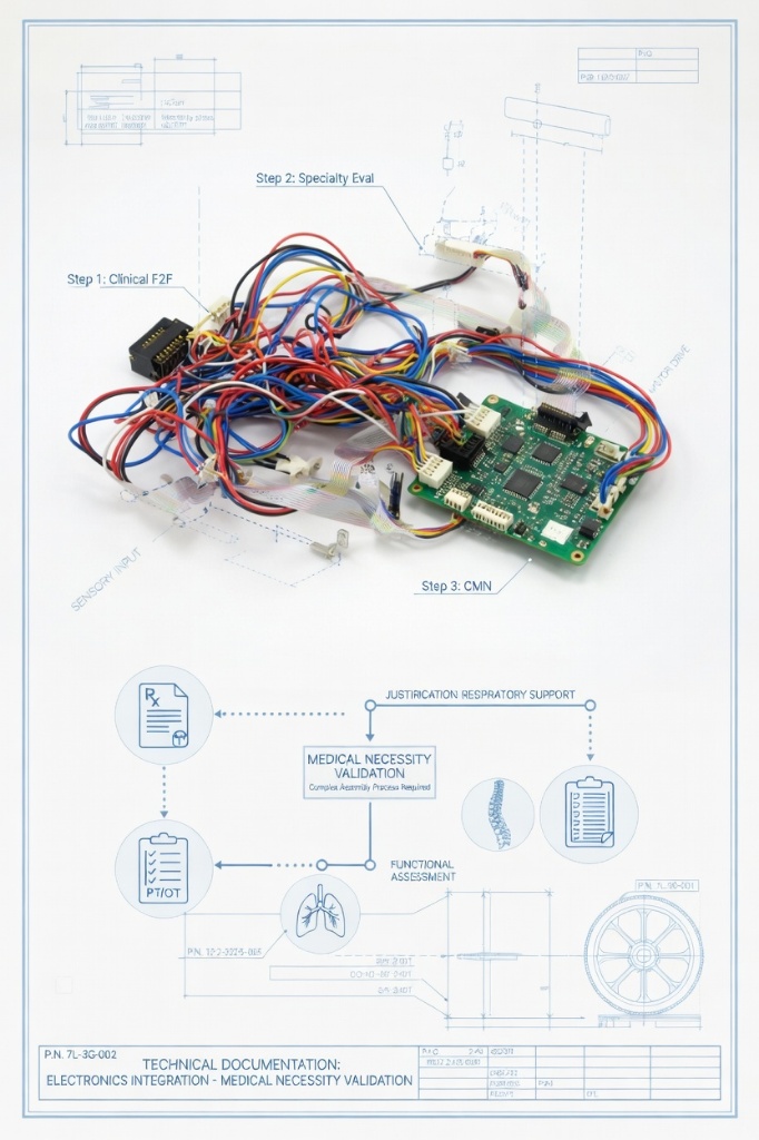 Detailed close-up of high-tech wheelchair electronics integration with administrative blueprint overlays