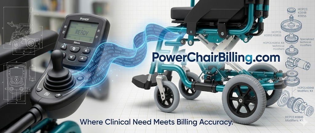 PowerChairBilling.com - Expert medical billing and coding resource for complex rehab mobility devices. Detailed close-up of high-tech wheelchair electronics, specific components (ISO 13485) and HCPCS Coding validation (image_21.png).
